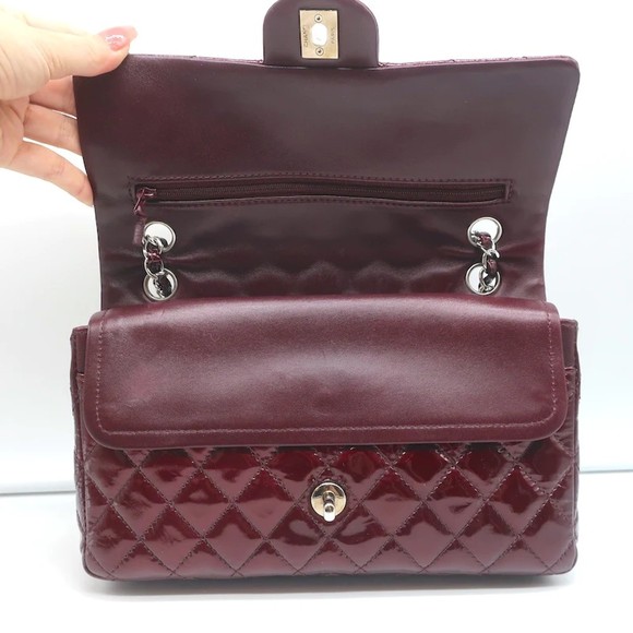 Chanel 2008 Classic Double Flap Bag Burgundy Quilted Patent Leather Shoulder Bag - Picture 9 of 12